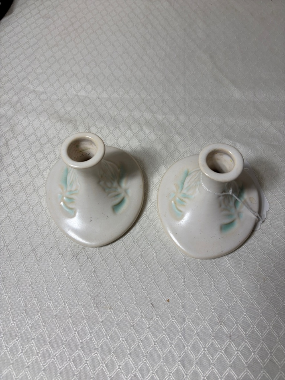 White Ceramic Floral Accent Candle Holders - Pair
